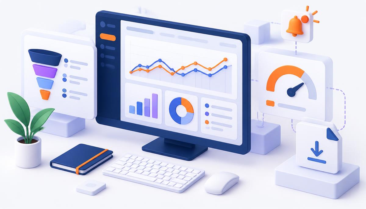 Campaign analytics workspace with charts, funnel stages, budget gauge and export controls