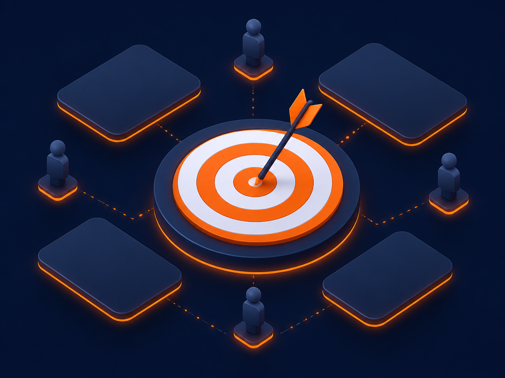 Isometric illustration of a bullseye target linked to customer segments, representing targeted campaigns