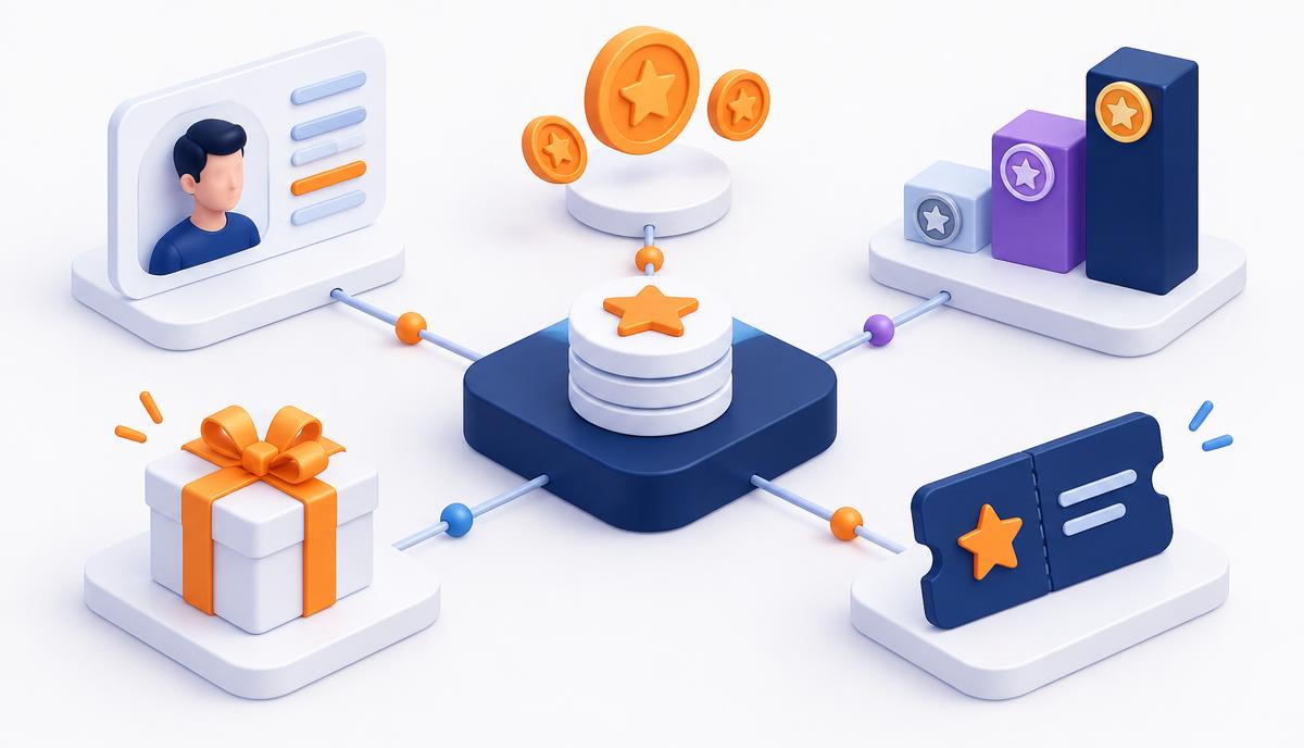 Customer profile connected to loyalty points, reward tiers, a gift and a coupon