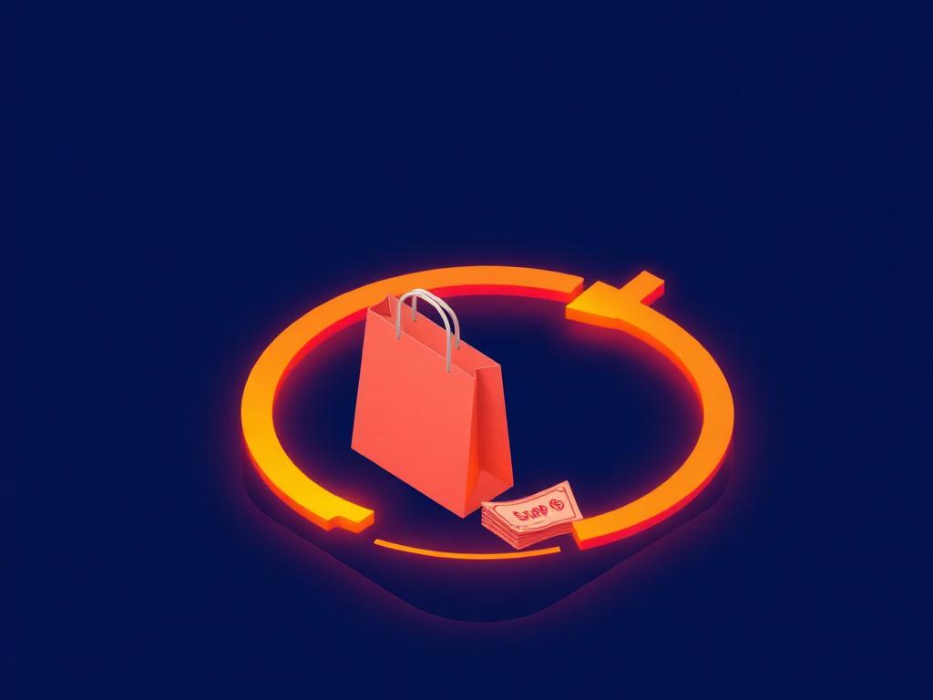 Isometric illustration of a shopping bag inside a glowing loop, representing repeat purchases