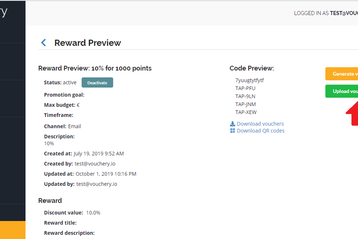 Affiliate partnerships: uploading vouchers to Vouchery user interface