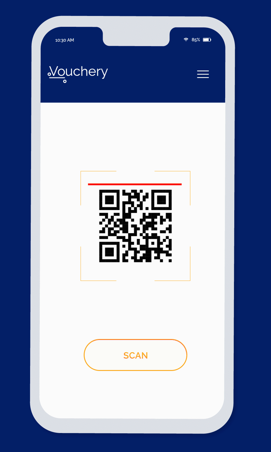 Animated demonstration of the Vouchery.io coupon QR code workflow
