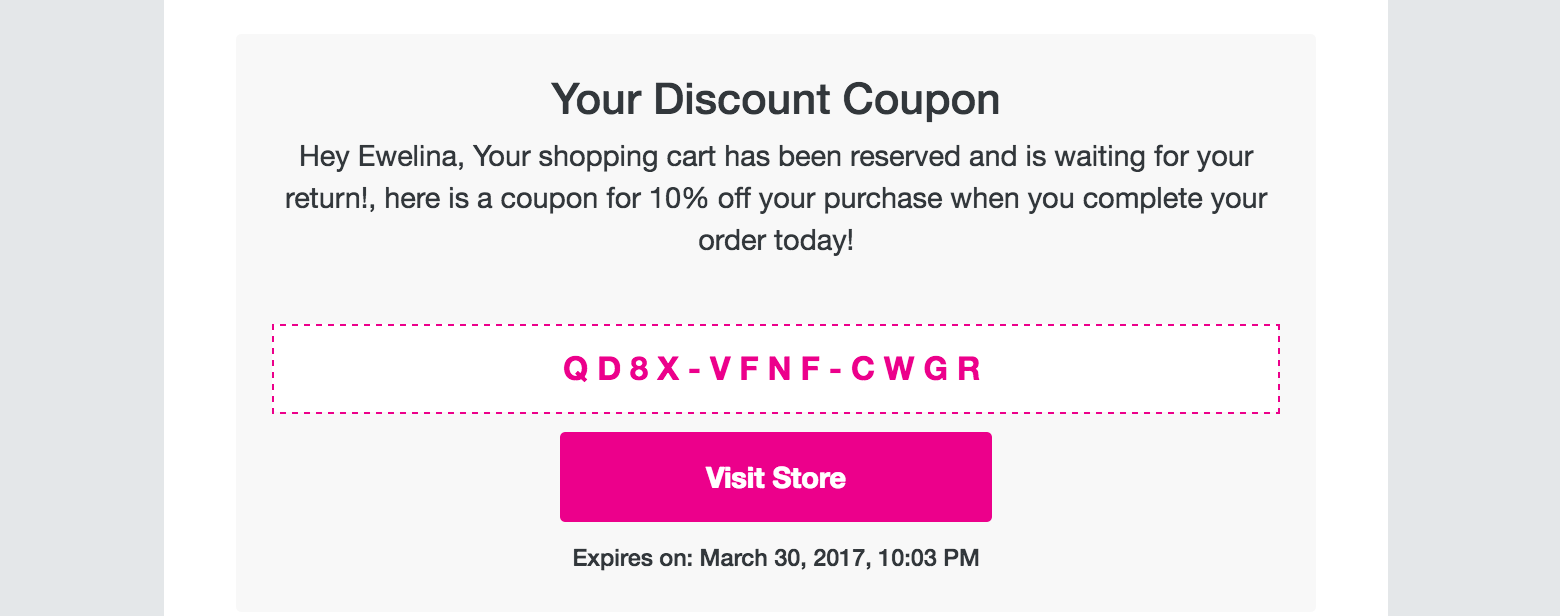 Example of a discount coupon used in cart abandonment retargeting