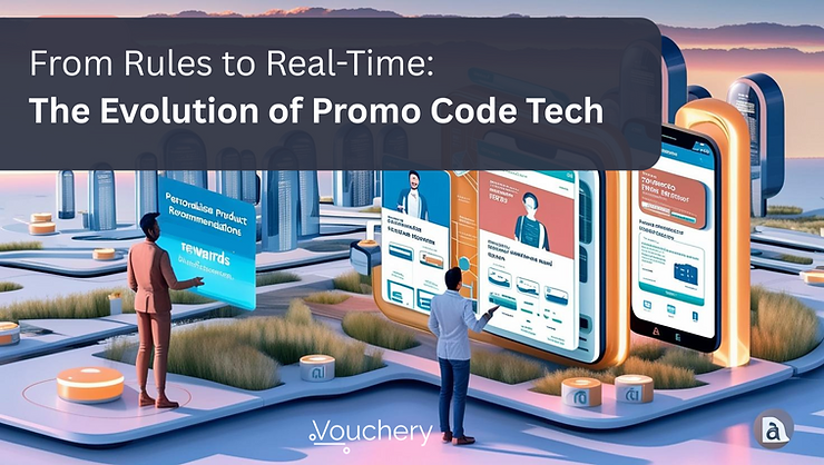 Two people interact with large futuristic screens displaying promo code tech in a digital landscape