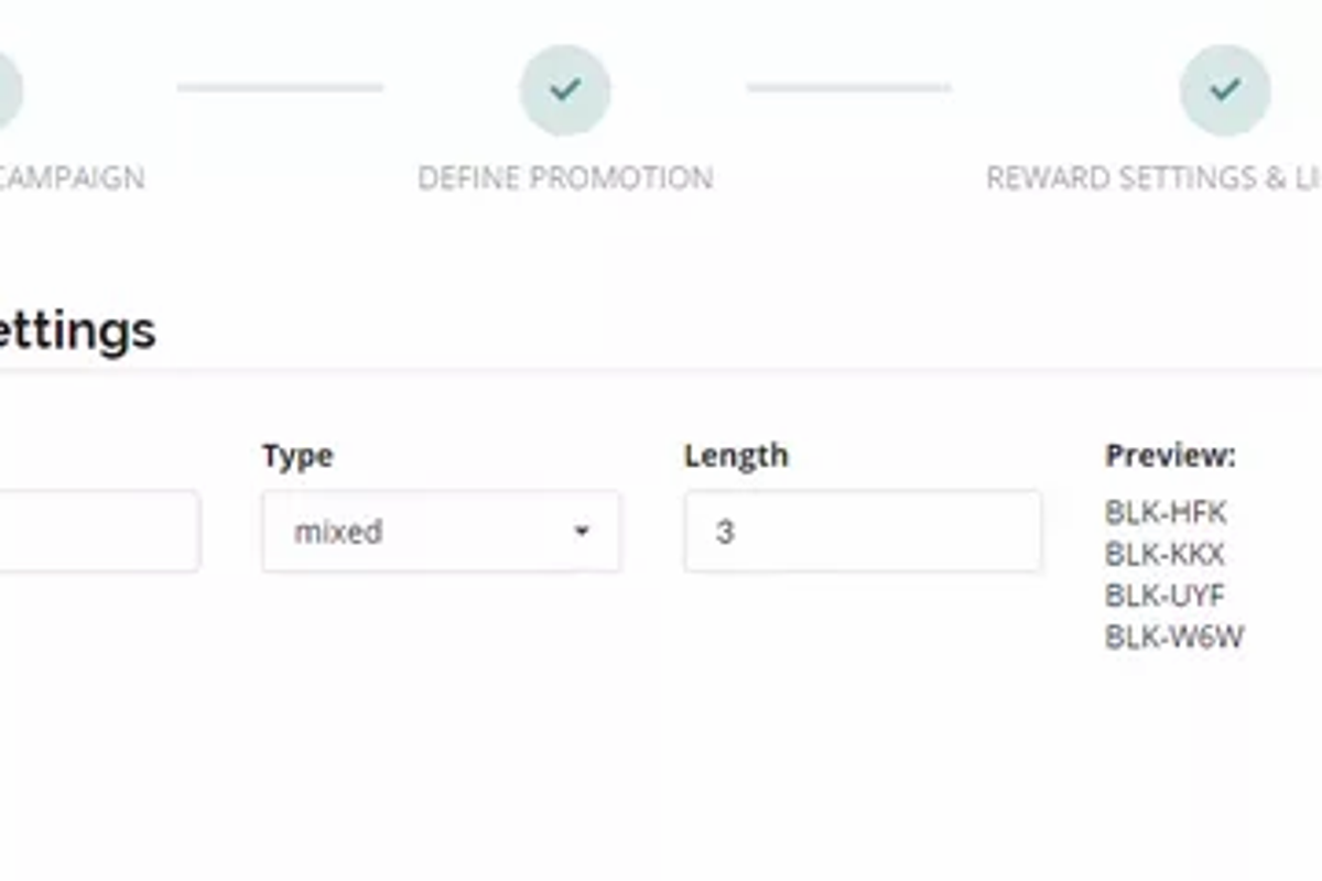 Coupon codes generation and setup screen