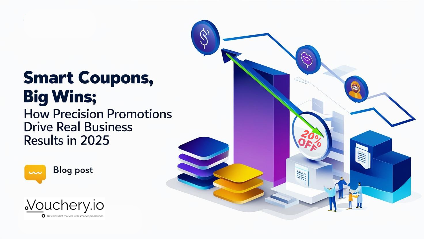 Infographic titled "Smart Coupons, Big Wins" with arrows, graphs and a 20% off highlight
