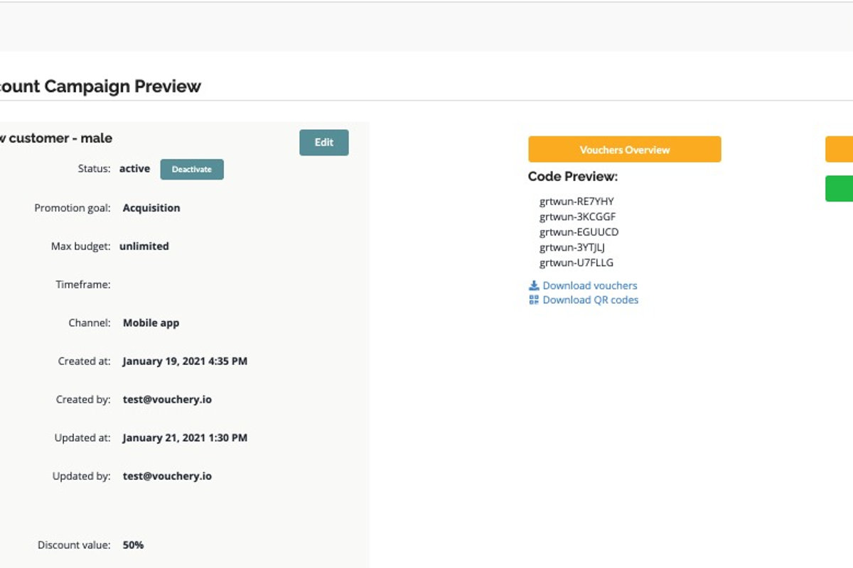 Screenshot of the campaign vouchers overview button in Vouchery