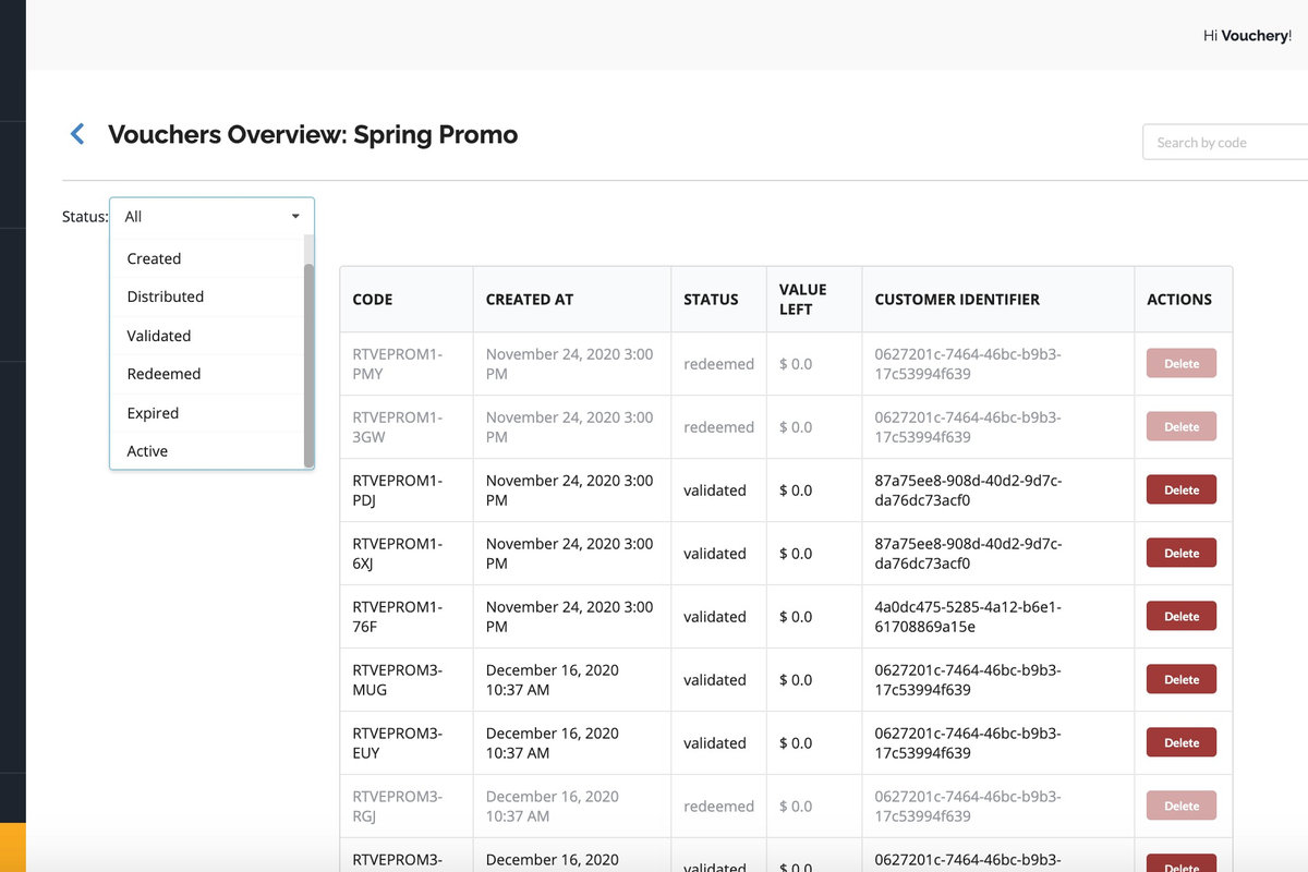 Screenshot of the campaign vouchers overview list