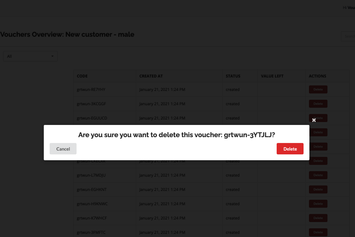 Screenshot of the vouchers overview with search, sort and export options
