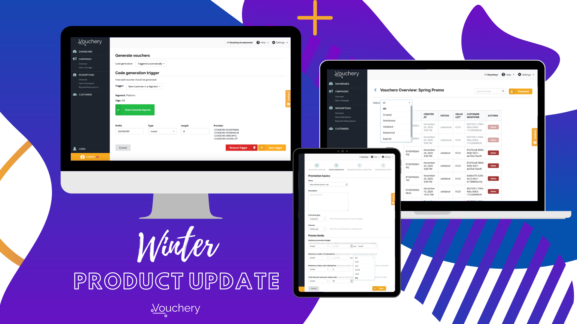 Dashboard screens showing voucher codes, redemption KPIs and automation settings