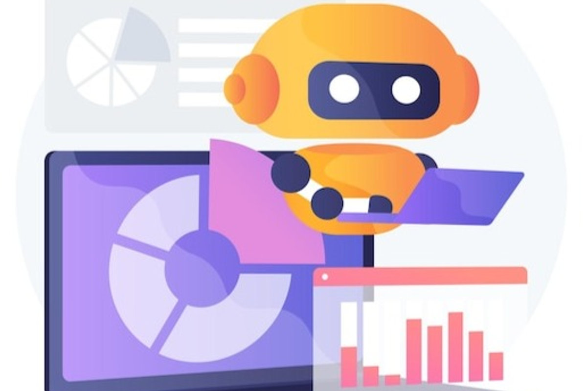 An illustration of an AI robot looking at data and creating insights