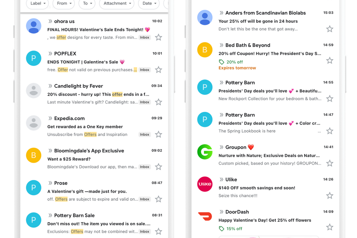 Two smartphone screens showing email inboxes with promotional offers. Subjects include Valentine's sales, discounts, and deals from various brands.