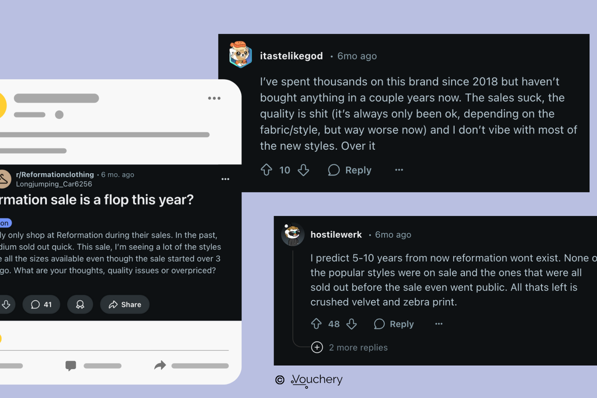 Reddit discussion on Reformation's sale; users criticize quality and style. Dark theme, comments 6 months old, expressing disappointment.