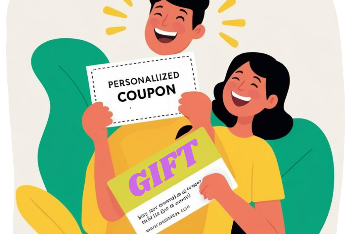 Two smiling people hold a "PERSONALIZED COUPON" and a "GIFT" card. Background has green shapes. Mood is cheerful.